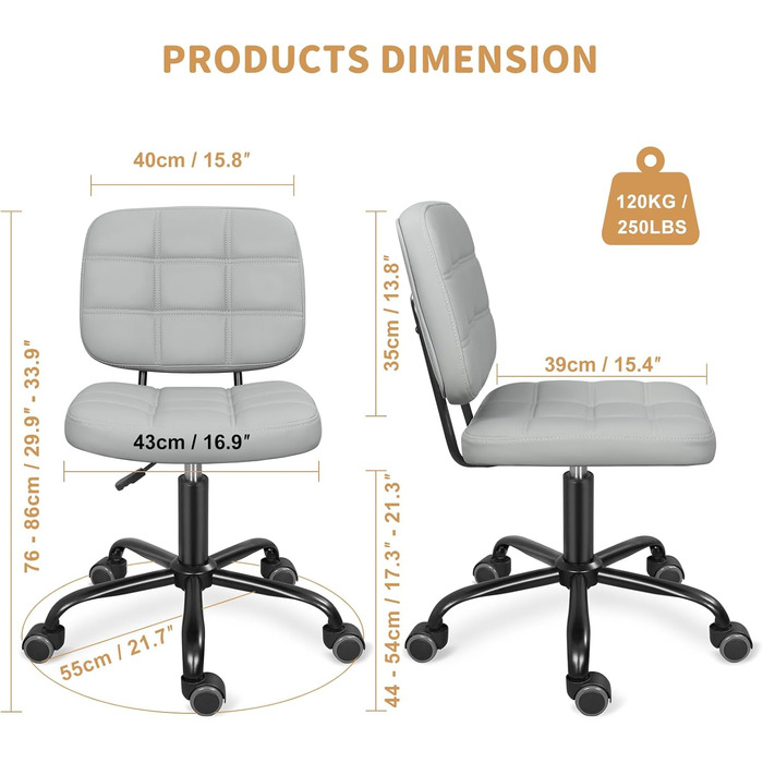 Офісне крісло Leader Accessories, регульоване по висоті офісне крісло, ергономічне поворотне крісло без підлокітників, крісло для домашнього офісу із середньою спинкою, поворотне офісне крісло, вантажопідйомність до 120 кг, світло-сіре, 86 x 55 см