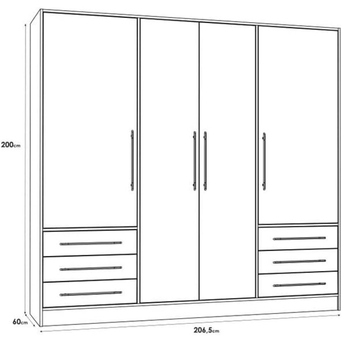 Шафа 200 210, біла шафа, шафа з орними дверима, 4 двері, з 6 шухлядами та полицями, чорно-білий колір, 206,5 см завширшки x 60 см завглибшки x 200 см заввишки. Біла 206 x 200 x 60 см, 4 двері