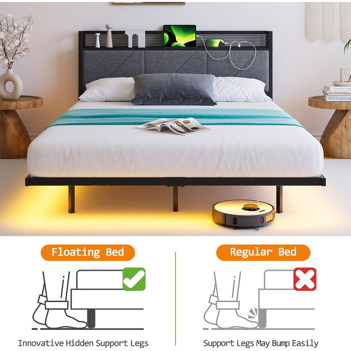 Ліжко-платформа 120 x 200 см з LED-підсвічуванням та USB-зарядною станцією, металевий каркас ліжка-платформи з м&39яким узголів&39ям для зберігання речей, міцні металеві ламелі, безшумне/темно-сірий колір