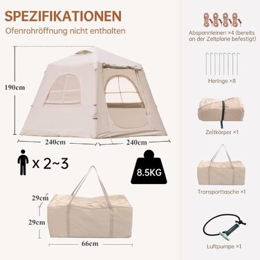 Надувний кемпінговий намет з ручним насосом. Легке встановлення. Водонепроникний та вітрозахисний надувний намет для 2-10 осіб. Надувний намет/будинок/каюта Oxford для глемпінгу (240*240*190 см).