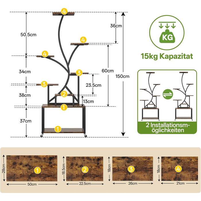 Підставка для рослин HAUSPROFI 154 см, 8-рівнева металева та дерев&39яна полиця для кількох рослин із фіксуючими колесами, декоративні квіткові сходи для саду та балкону - чорна (без лампи для вирощування)