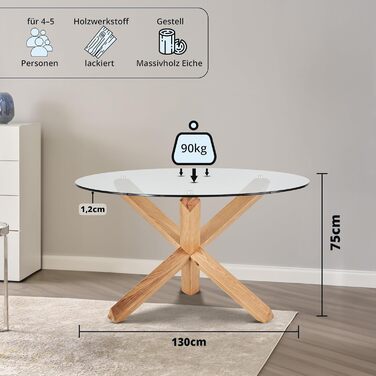 Круглий обідній стіл KHG, діаметр 130 см, скло - каркас з масиву дуба, скляна стільниця (вантажопідйомність до 90 кг) - кухонний стіл у скандинавському стилі, круглий, 130 см, скло