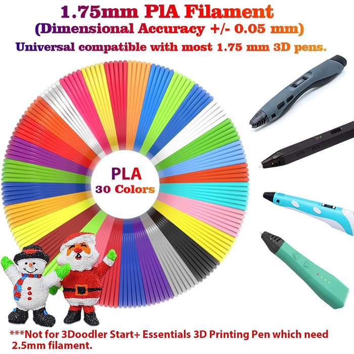 Мм 3D Pen Filament PLA Заправки 30 кольорів, кожен колір 3 метри, Заправки для плавного друку для 3D ручки принтера, 1,75