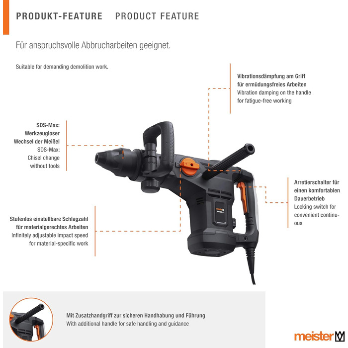 Відбійний молоток Meister 1600 Вт, MAH1600-1 - патрон SDS-Max - енергія удару 25 Дж - антивібраційна рукоятка - з плоским та гострим зубилом/відбійним зубилом у кейсі/зубило/молоток / 5453050 MAH1600-1 1600 Вт