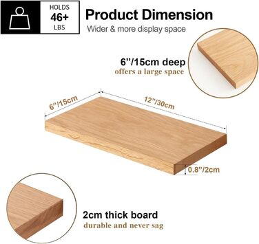 Плаваюча дерев&39яна полиця, настінна полиця дуб 30 см, комплект з 2 предметів, маленька полиця дубова настінна дошка, полиця для спецій, полиця для ванної кімнати, спальні, вітальні, кухні 30 см 2 шт. (натуральний дуб)