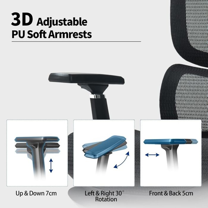 Ергономічне офісне крісло, вантажопідйомність 200 кг, регульована поперекова опора/3D підлокітники/підголівник/функція гойдання, регульоване по висоті письмове крісло, чорний колір
