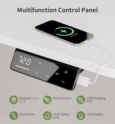 Письмовий стіл з регульованою висотою (140 x 70 см) Комп&39ютерний стіл з електричним регулюванням висоти, 4 режимами пам&39яті, дошкою для записів та колесами, що обертаються на 360 Стіл SN1 140 x 70 см Білий біла рама