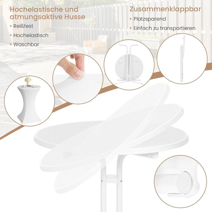 Складаний стіл WOLTU, бістро-стіл з чохлом, всепогодний круглий садовий стіл, барний стіл Ø 80 см, високий стіл 110 см, бічний столик для використання в приміщенні/на вулиці, для садових вечірок та весіль, металеві труби, білий Ø 80 см, матово-білий