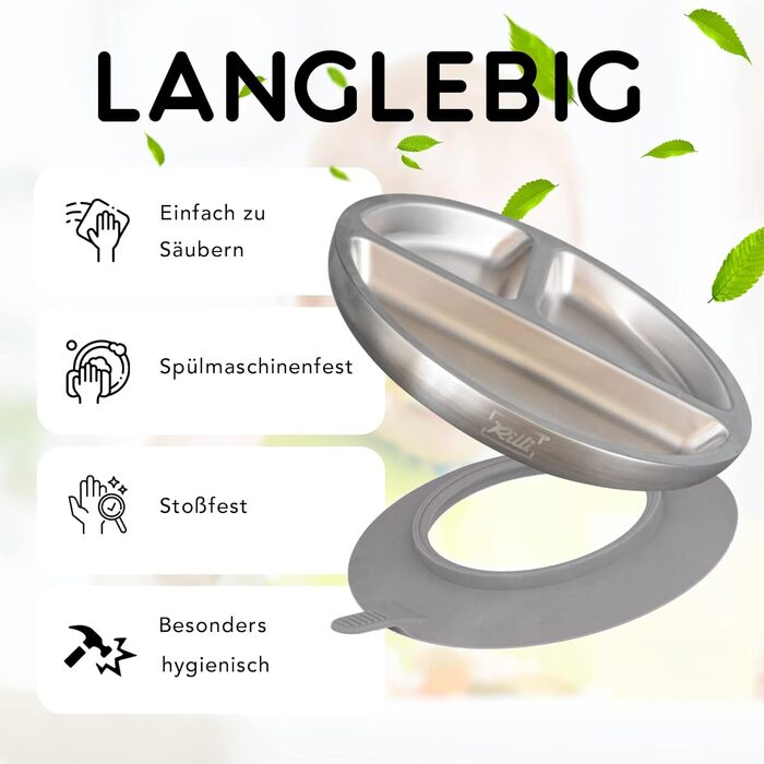 Тарілка Rilli з нержавіючої сталі BLW на присосці, нековзний дитячий посуд, дитячий посуд на присосці (сірий)