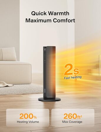 Електричний вентилятор-обігрівач PELONIS Tower Heater 2000 Вт з пультом дистанційного керування, швидкий нагрів 2S, коливання 75, еко-режим, захист від перегріву та перекидання, тихий керамічний обігрівач для спальні та офісу, 23 дюйми, чорний
