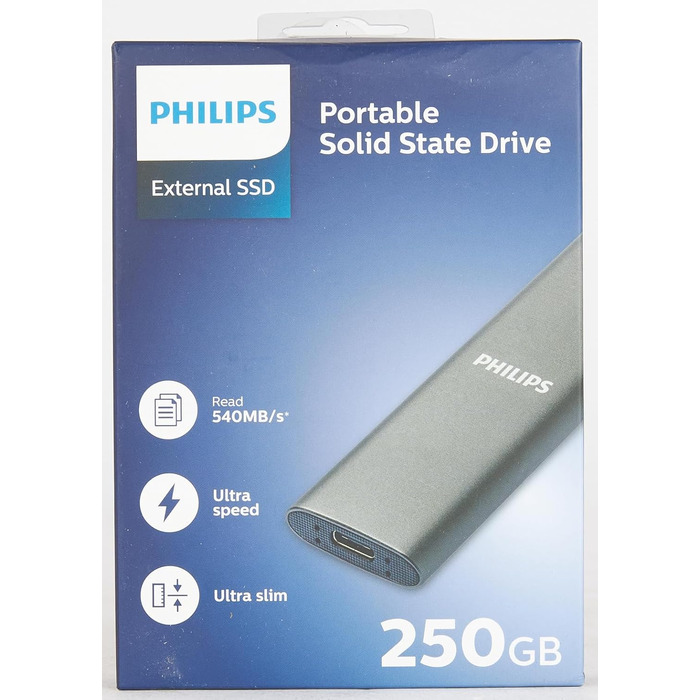 Зовнішній портативний SSD-накопичувач Philips на 250 ГБ - ультратонкий SATA Ultra Speed USB-C, швидкість читання до 540 МБ/с, алюміній