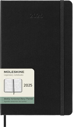 Щотижневий планер Moleskine, горизонтальний 12-місячний щотижневий планер 2025, тверда обкладинка з еластичною застібкою, чорний, великий формат 13x21 см