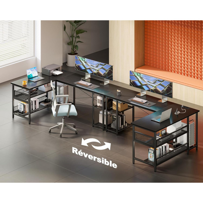 Ігровий стіл ODK, двосторонній ігровий стіл 150102 см з 2 розетками та 2 портами зарядки USB, кутовий стіл з максимальною організацією та місцем для зберігання, чорний 150102 см чорний