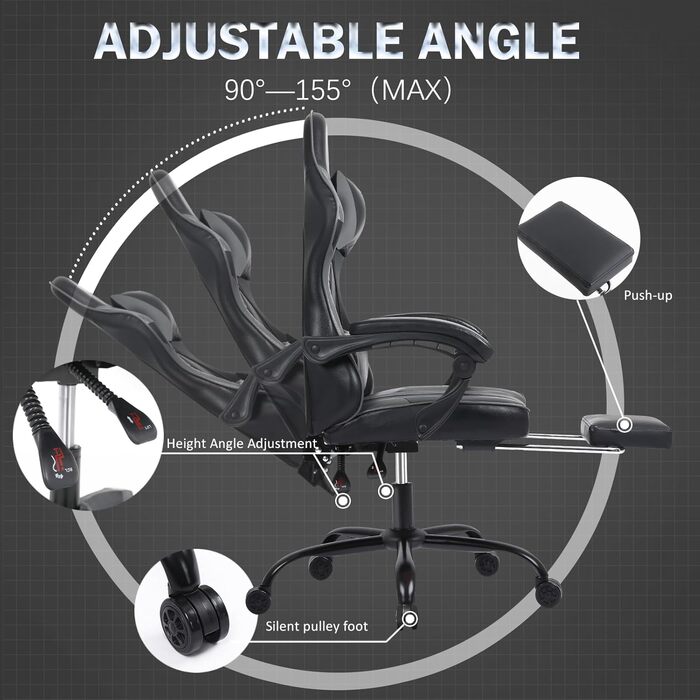 Ігрове крісло вантажопідйомністю 150 кг, офісне крісло з підставкою для ніг, ігрове крісло з регульованою поперековою опорою, ігрове крісло зі штучної шкіри, дитяче ігрове крісло з регульованою висотою, сірий, стандартна модель сірого кольору
