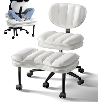 Офісне крісло зі схрещеними ніжками, ергономічне крісло для коліна, робоче крісло Cloud Criss Cross, поворот на 360, крісло для медитації для людей з СДУГ з регульованою висотою та спинкою, біла ребриста штучна шкіра