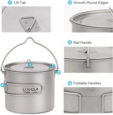 Титанова чашка Lixa-da з кришкою та складною лопаткою, 750 мл/900 мл/1100 мл, легкий посуд для пікніка, для кемпінгу, походів, пікніків на свіжому повітрі, 128 г C-1100 мл