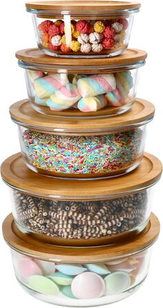 Круглі контейнери для зберігання Ritzenhoff & Breker Esperanza, 5 шт. Скляні банки з дерев&39яними кришками 2 шт. по 1,25 л, по 900 мл, по 620 мл та по 300 мл Кришка з екологічно чистого бамбука зі скляною мискою Контейнер для делікатесів, хлібниця