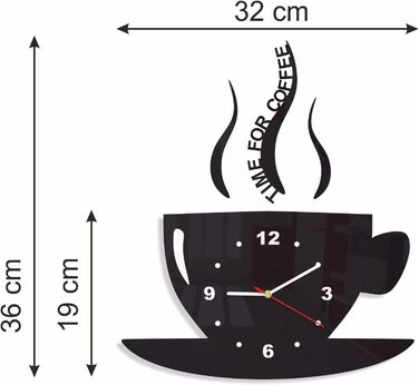 Настінний годинник FLEXISTYLE Tasse Zeit fr Kaffee для сучасної кухні, чорний, 3D римські цифри, декор, 32 x 19 см