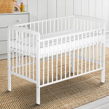 Дитяче ліжечко Micky Plus - Біле - 60120 см - Плавне регулювання висоти 3-в-1 - вкл. боковини та систему ременів безпеки - Ідеально підходить для ліжок Box Spring 124Д x 65Ш x 97В см Box Spring - Біле лаковане одномісне ліжко