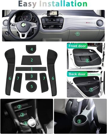 Протиковзкі килимки GAFAT VW UP/Seat MII/Skod Citigo 2013-2023 2024, гумові килимки для центральної консолі автомобіля, килимок для підстаканника, нековзний килимок для зберігання речей, дверний шов нековзний 9 шт. (чорний)