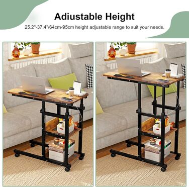 Журнальний столик на колесах, 80 см x 40 см, столик для ноутбука з розеткою та портом USB-C, регульована висота, дерев&39яний стіл, журнальний столик, тумбочка, спальня, вітальня, вінтажний вигляд дерева, колір вінтажного дерева