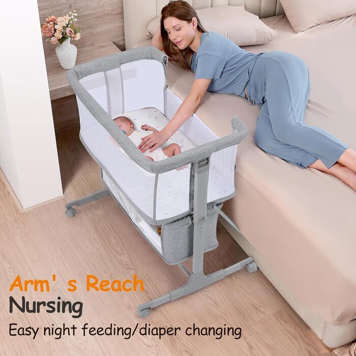 Дитяча колиска-ліжечко для новонароджених, портативне дитяче ліжечко з колесами, кошик для зберігання, матрац, регульована висота в 7 положеннях, додаткове ліжко (світло-сірий)