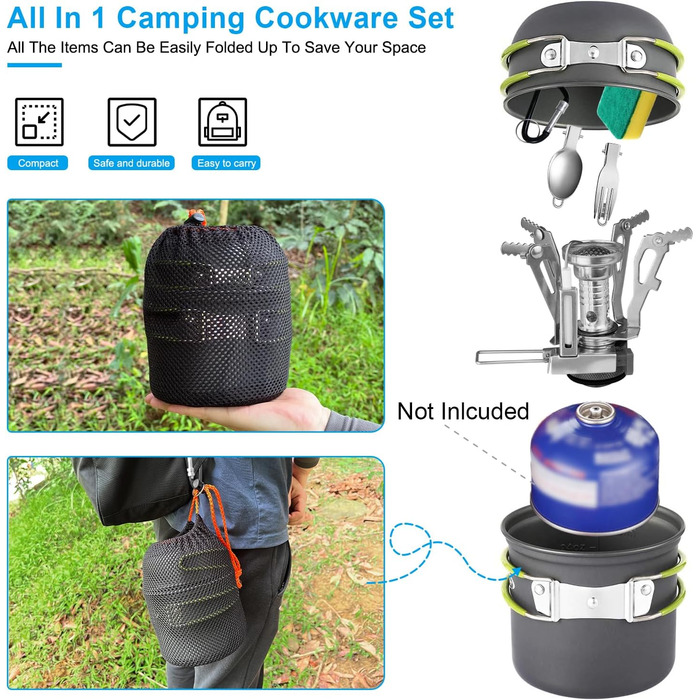 Набір посуду для кемпінгу AUTOPkio для 1-2 осіб, складний кемпінговий горщик для вулиці з газовою плитою, набір посуду для пікніка, легкий алюмінієвий набір для барбекю, походів, приготування їжі, рідкий газ, 10 предметів