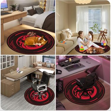 Захисний килимок для ігрових офісних крісел, килимки для крісел для килимів з низьким ворсом та паркетних підлог, круглі килимки для підлоги 120 x 120 см для ігрових кімнат, спалень, віталень та офісів, чорний/червоний