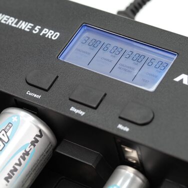 Універсальний зарядний пристрій ANSMANN Powerline 5 Pro AA, AAA, CD та 9V для акумуляторних батарей NiMh, NiCd з вилками для Великобританії, ЄС, США та Австралії та РК-дисплеєм, швидкий зарядний пристрій для заряджання та розряджання