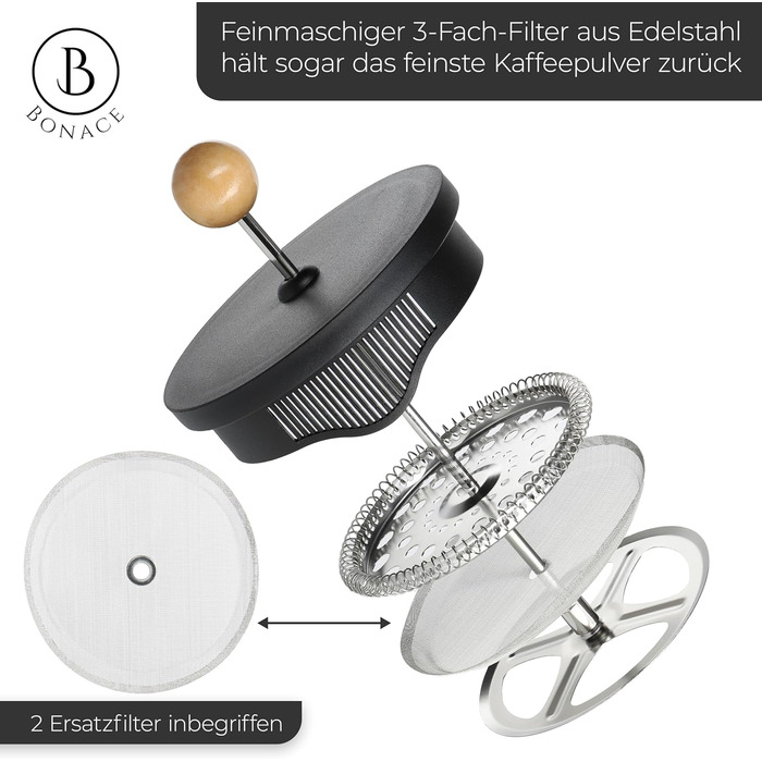 Френч-прес BONACE Glass Кавоварка на 5 чашок Прес для кави 1 л Колір чорний 2 змінні фільтри з нержавіючої сталі з бамбуковою підставкою НЕ МІСТИТЬ БІСФЕНОЛУ А Подарункова коробка 1 літр