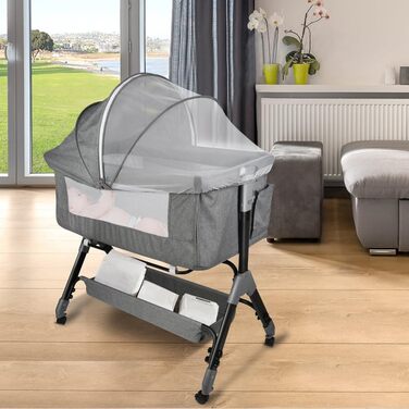 Дитяче ліжко Supfine Cododo 3-в-1 з матрацом та москітною сіткою, регульована висота, мобільна дитяча колиска для новонароджених/немовлят, ліжко Cododo з кошиком для зберігання (сірий лляний колір, 104 * 52 * 100-110 см) 104*52*100-110 см лляний сірий кол