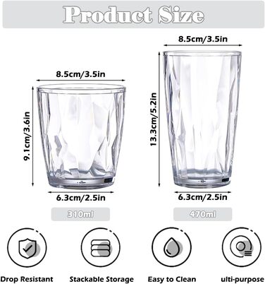 Набір склянок для води TIE-DailyNec 8 PCS, різнокольорові пластикові склянки для пиття 470 мл та 310 мл, небиткі склянки для пиття