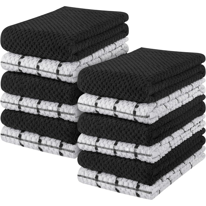 Чайних рушників Кухонні рушники, бавовняний чайний рушник 38 x 64 см - можна прати в машині (чорні та білі) 12 pack чорні та білі,
