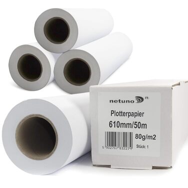 Рулони плотерного паперу, білого, 80 г, 610 мм x 50 м, 50 мм, 2-дюймовий сердечник, матові рулони для малювання, стандартний струменевий рулон для широкоформатних принтерів, копіювальних апаратів, креслень, технічних креслень, інженерного паперу, CAD, 610