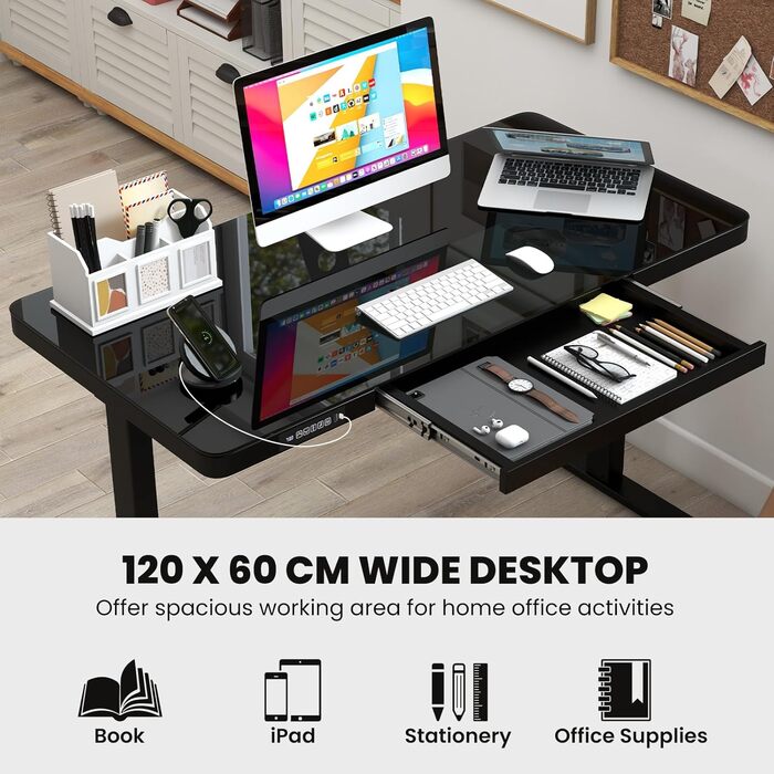 Електричний стіл Giantex для роботи сидячи та стоячи, 120 x 60 см, регульована висота, з шухлядою, скляною стільницею з можливістю запису, портами USB та Type-C, пам&39яттю пресетів (чорний)