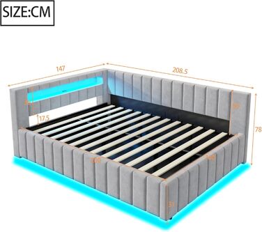 М&39яке ліжко/диван-ліжко 140x200, двоспальне ліжко з гідравлічним відділенням для зберігання, світлодіодним підсвічуванням та функцією заряджання через USB, кушетка/дитяче ліжко з рейковим каркасом, оксамитова тканина, без матраца, світло-сірий 140x200 с