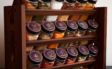 Елегантна підставка для спецій з темного дерева, настінна та настінна, 18 баночок для спецій, 25 етикеток, органайзер для спецій, підставка для спецій, кухонна полиця, вінтажна дерев&39яна підставка для спецій - підвісна система підставок для спецій - збе