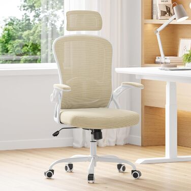 Ергономічне офісне крісло Farini, регульоване по висоті офісне крісло з підголівником, зручне крісло для домашнього офісу, комп&39ютерне крісло, крісло керівника з підлокітниками, вантажопідйомність 150 кг, бежеве комп&39ютерне крісло з колесами та підгол