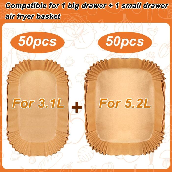 Аксесуари для фритюрниці BYKITCHEN для Tefal 5.2/3.1L Dual Easy Fry, Philips Dual Basket Airfryer 3000 Series, Папір для випічки для фритюрниці Moulinex 8.3 л, Cecotec, DMS, аксесуари для фритюрниці (100 шт. )