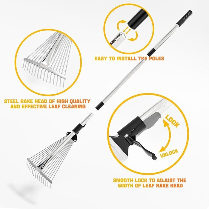 Регульований віяловий граблі з ручкою 215 см, металеві граблі для листя з рукавичками, садовий віяловий граблі для прибирання листя, рослин, газонів та подвір'я, сріблястий колір
