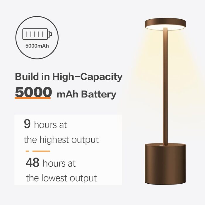 Світлодіодна настільна лампа Бездротова, 5000 мАг Акумуляторна настільна лампа з можливістю затемнення, алюміній, 3 колірна температура, акумуляторні сенсорні настільні лампи для відкритого внутрішнього приліжкового столу Обідній стіл Патіо-бар - (Коричне