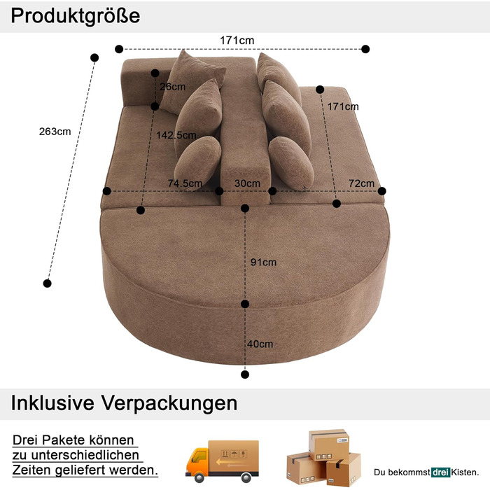 Диван Cloud із сегментованим, повністю стиснутий диван без кісток, модульний диван із функцією сну, розкладний диван, для вітальні/спальні, шеніл, не потребує складання, коричневий