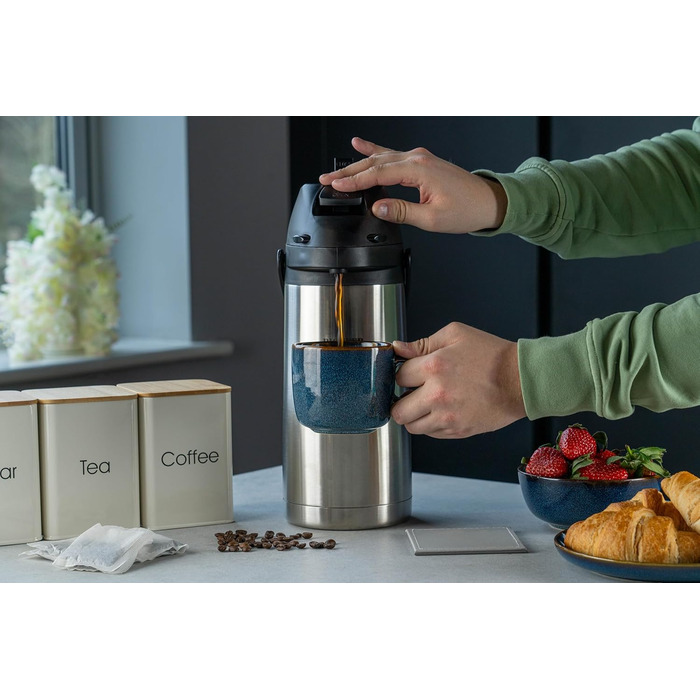 Термос Pioneer Flasks Airpot з нержавіючої сталі з важелем, пляшка для гарячої та холодної води, для чаю, кави, для конференцій, подій, 1,9 літра, сріблястий (SS19HC)