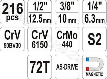 Набір торцевих головок Yt Yato 3884 1/4', 3/8 та 1/2 216 шт.