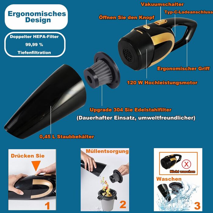 Ручний пилосос, 16000Pa ручний пилосос Переможець тесту акумулятора без мішка, 120W автомобільний пилосос Потужний міні пилосос дл