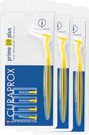 Щітки Curaprox Interdental CPS 09 prime plus (Пучок 3 шт. и), жовтий, діаметр 0,9 мм, ефективність 4 мм, набір з 15 міжзубних йоржиків CPS Prime 09 і 3 тримачів UHS 451 жовтий (1 упаковка)