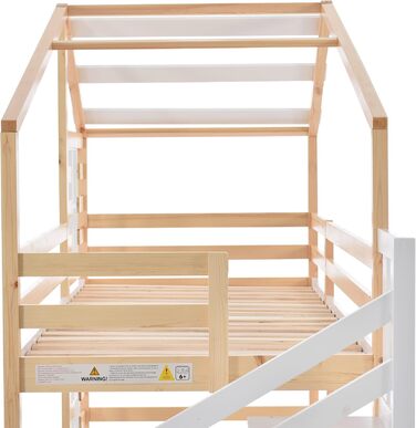 Дитяче двоярусне ліжко LATICO з шухлядою та поручнями, соснове ліжко-будиночок для дітей з драбиною, 2 рейкові основи, натуральний та білий - 244,5 x 96 x 193 см (Ш/В/Г), матрац не входить до комплекту, натуральний колір з шафками