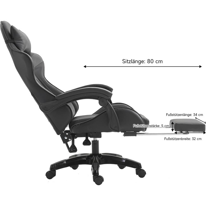 Ергономічне ігрове крісло, офісне крісло з регульованою висотою та функцією відкидання (чорне)