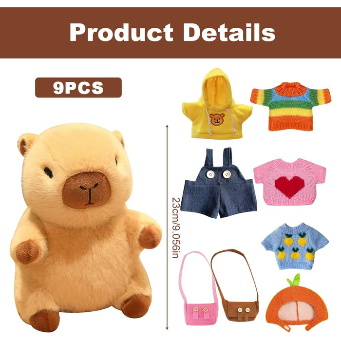Плюшева іграшка капібара з одягом та аксесуарами, 23 см м&39яка іграшка капібара, мила плюшева капібара, плюшева іграшка капібара-одягальник з капелюхом, 4 предмети одягу, 2 кишені, штани для дітей, дівчаток, хлопчиків