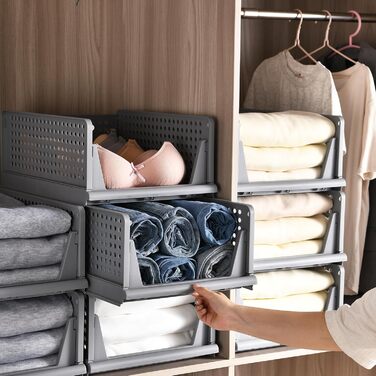 Набір ящиків із 4 предметів, гардеробний органайзер, штабелювана шафа, полиця для зберігання, пластиковий роздільник, штабелювані ящики для одягу, кухня, спальня, сірий